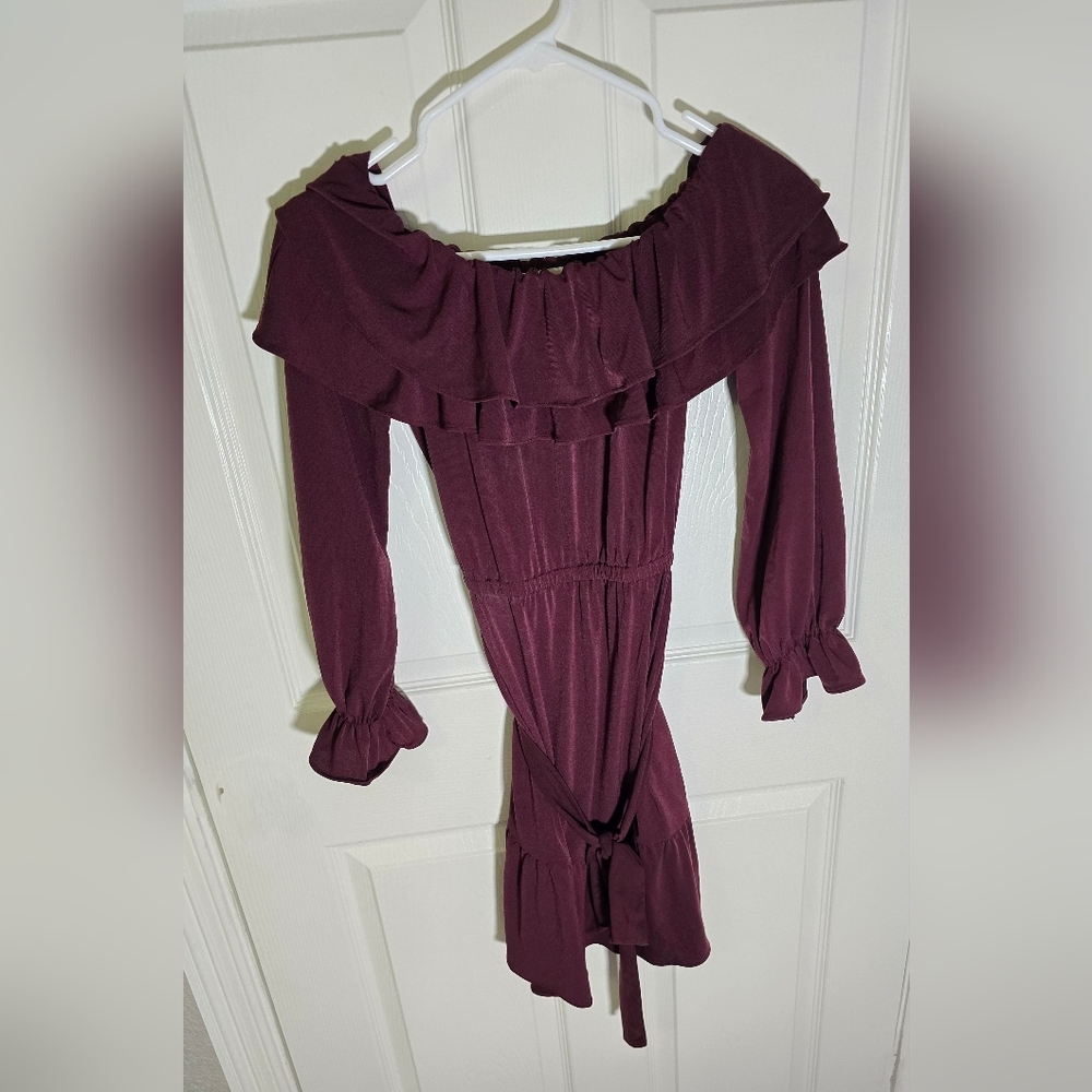 Michael Kors Womens Off the Shoulder Stretchy Wine Colored Dress XS